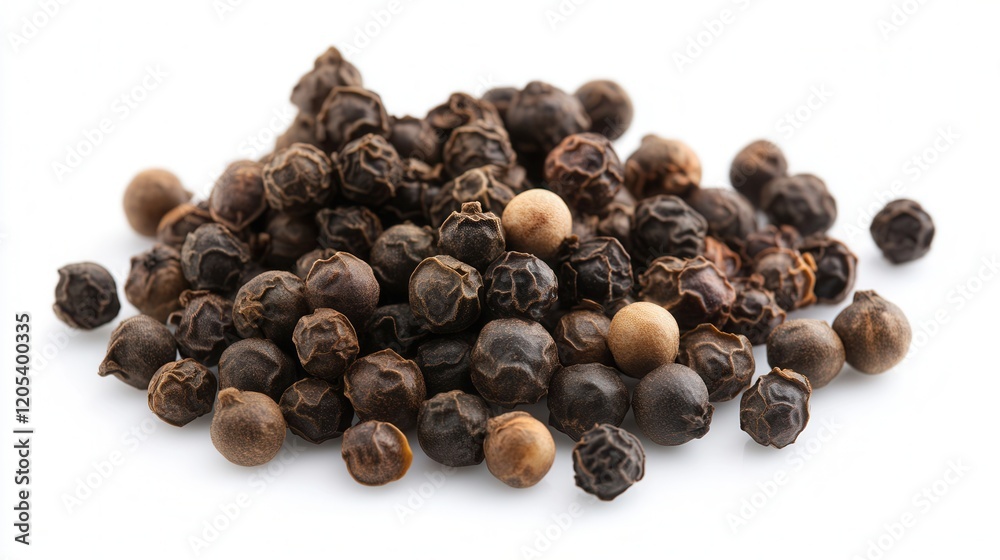 A textured mound of black pepper seeds contrasts vividly against a clean white background, showcasing their rich color and unique shape. A textured mound of black pepper seeds contrasts vividly against a clean white background, showcasing their rich color and unique shape.