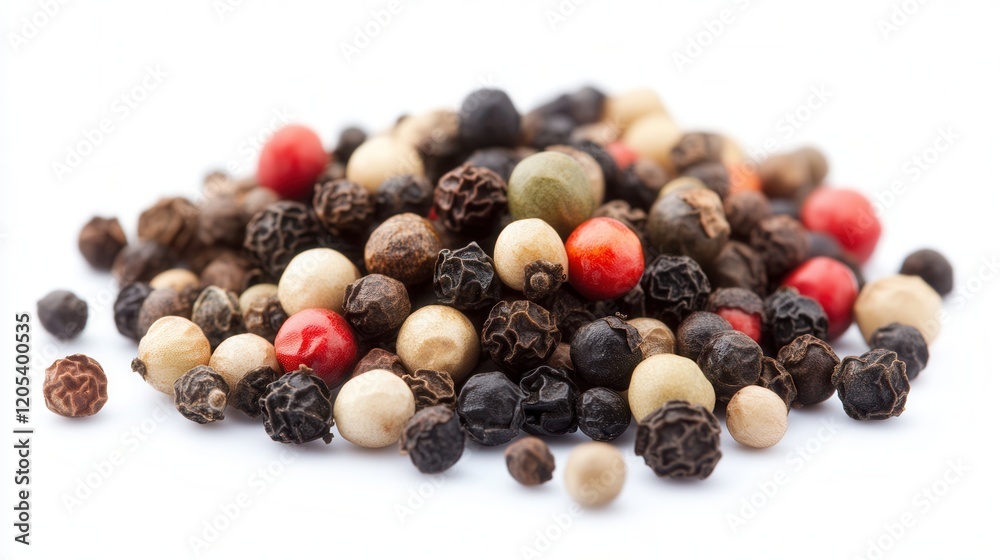 A detailed close-up of a pile of peppercorns showcasing their texture and color against a clean white background. A detailed close-up of a pile of peppercorns showcasing their texture and color against a clean white background.