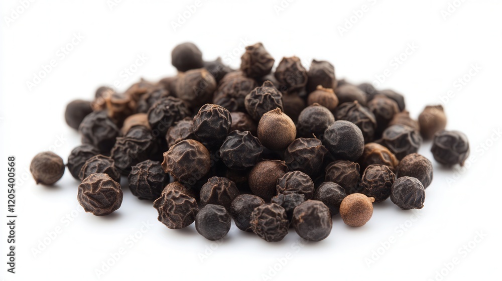 A mound of black pepper seeds is displayed on a white surface, showcasing their round shape and rich dark color in a minimalist setting. A mound of black pepper seeds is displayed on a white surface, showcasing their round shape and rich dark color in a minimalist setting.
