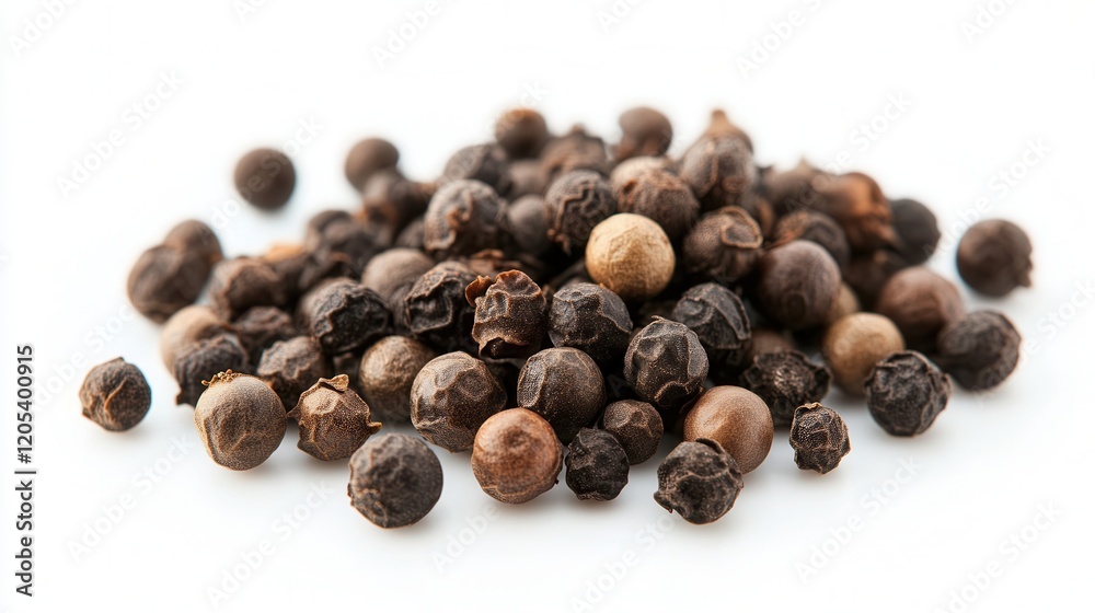 A mound of whole black pepper seeds is displayed prominently against a clean white background, emphasizing their texture and color. A mound of whole black pepper seeds is displayed prominently against a clean white background, emphasizing their texture and color.