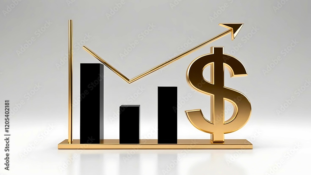 3d rendering of gold dollar sign, bar graph and arrow up on grey gradient background. Financial, economic growth ,business chart concept 3d rendering of gold dollar sign, bar graph and arrow up on grey gradient background. Financial, economic growth ,business chart concept
