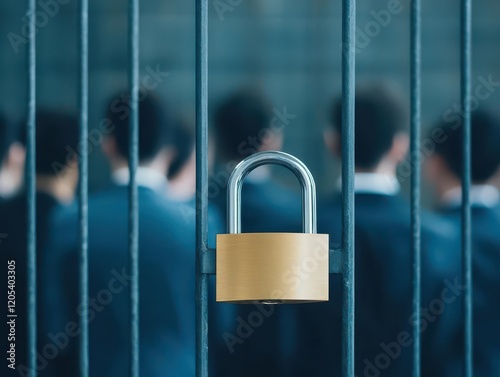 A group of entrepreneurs facing a locked gate with a golden padlock, symbolic composition, soft lighting photo