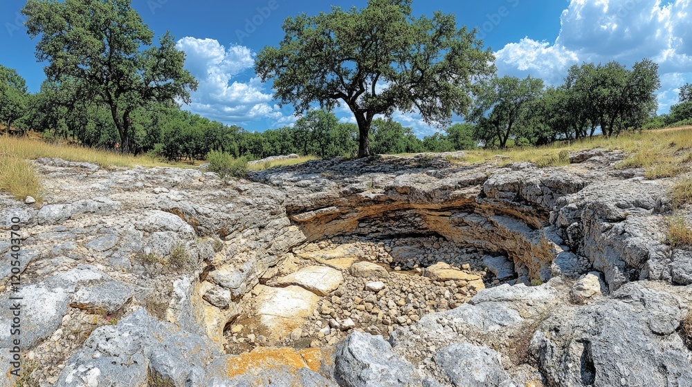 Serene landscape featuring a rocky terrain with a natural water pool and trees under a blue sky Serene landscape featuring a rocky terrain with a natural water pool and trees under a blue sky