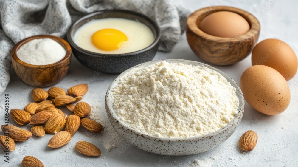 A detailed shot of low-carb baking ingredients, featuring almond flour, eggs A detailed shot of low-carb baking ingredients, featuring almond flour, eggs