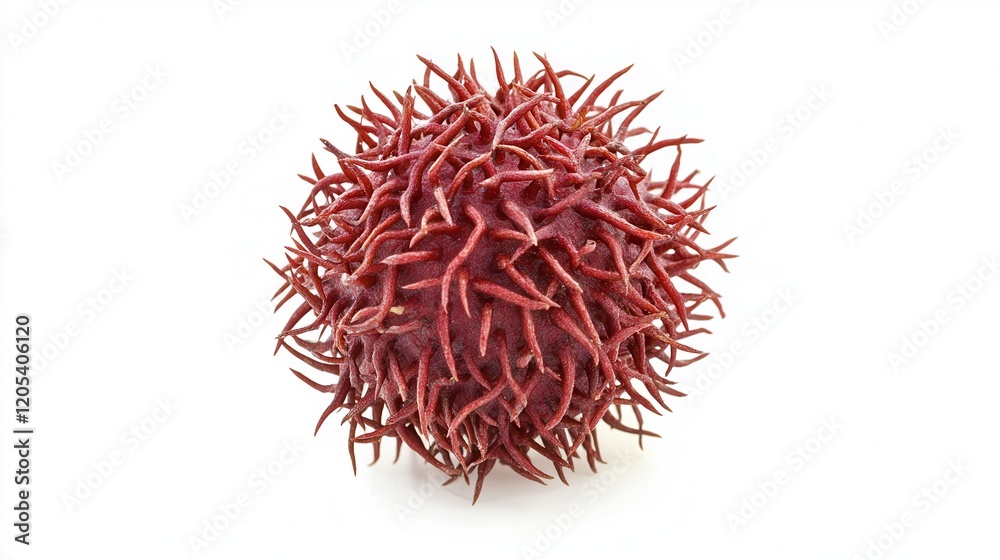 Fototapeta premium A vibrant red fruit adorned with striking red spikes, showcasing its unique and eye-catching appearance in a natural setting.