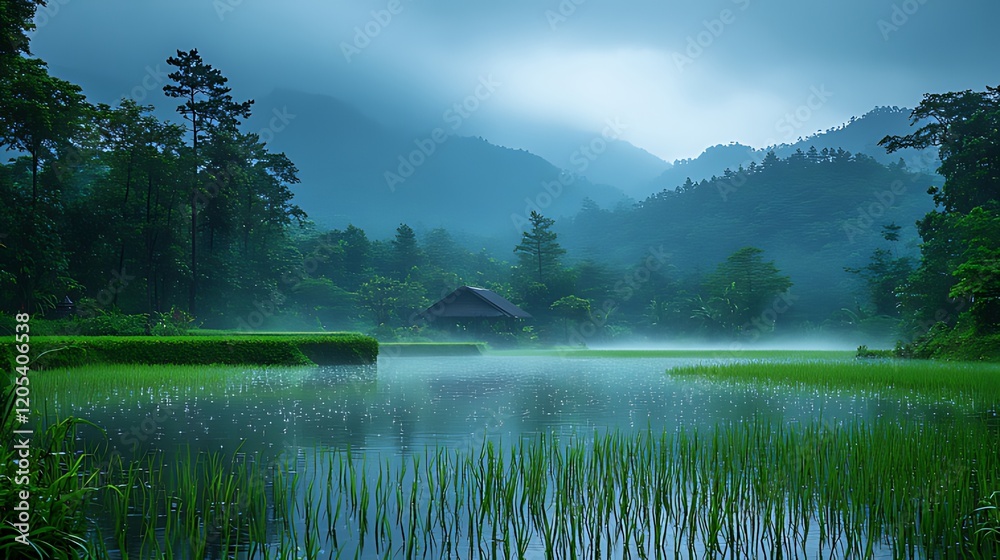 Fototapeta premium Misty dawn, rice paddy hut, mountain landscape, serenity