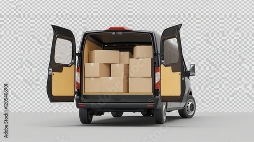 Isolated delivery van with open backdoor and stacked cardboard boxes, transparent background with copy space for promotional purposes.