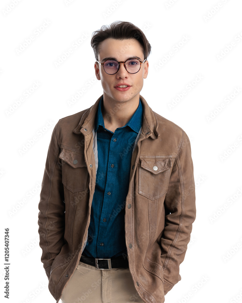 relaxed smart casual man standing while holding pockets relaxed smart casual man standing while holding pockets