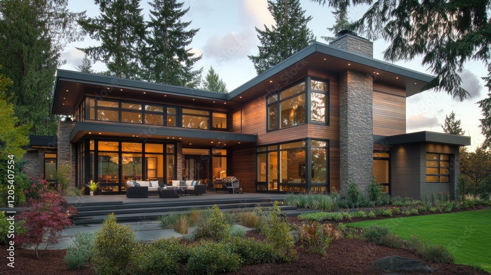 Sophisticated modern house with sleek wooden panels, large windows, and an inviting outdoor lounge area, blending contemporary aesthetics with natural elements Sophisticated modern house with sleek wooden panels, large windows, and an inviting outdoor lounge area, blending contemporary aesthetics with natural elements
