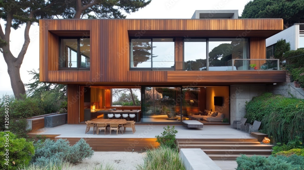 Fototapeta premium Sophisticated modern house with sleek wooden panels, large windows, and an inviting outdoor lounge area, blending contemporary aesthetics with natural elements