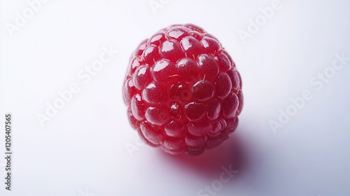 A vibrant araffe raspberry sits on a clean white surface, showcasing its rich color against a pristine white background. photo