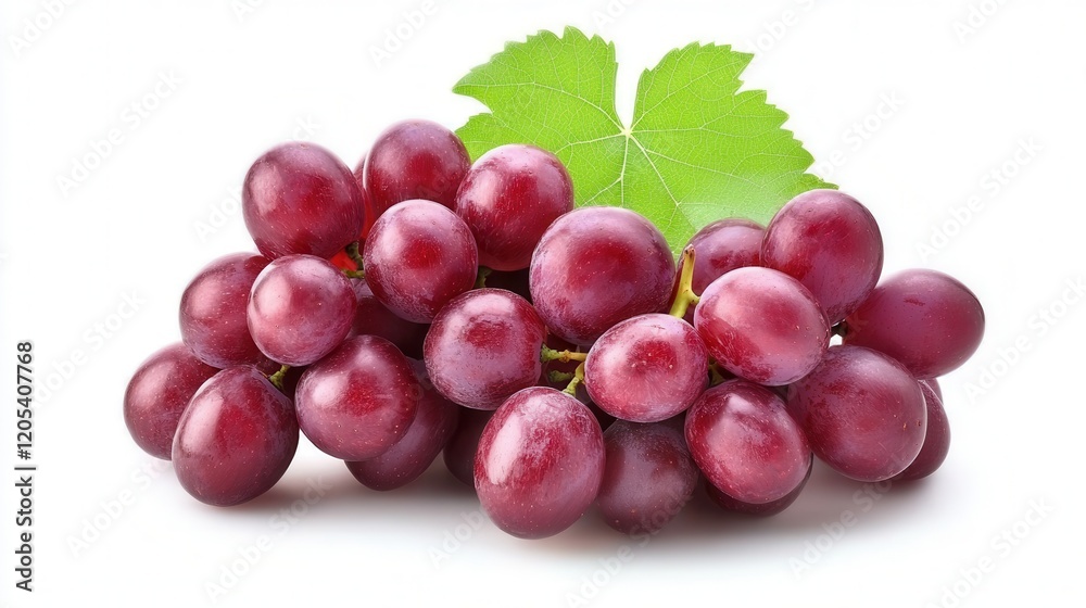 Fototapeta premium A cluster of fresh grapes accompanied by a vibrant green leaf, showcasing the natural beauty and richness of the fruit.