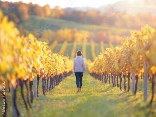 A rustic vineyard, a woman walking purposefully down rows of grapevines, sunlight casting golden shadows photo