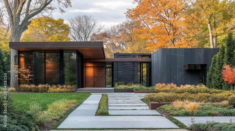 Fototapeta premium A beautiful contemporary home design with geometric patterns, modern landscaping, and a minimalist entrance, creating an open and airy atmosphere