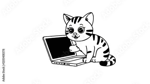 Vector Illustration of Cute Cat Playing Laptop On Stomach, coloring bok Generative AI