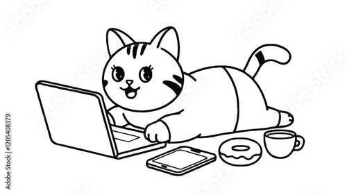 Vector Illustration of Cute Cat Playing Laptop On Stomach, coloring bok Generative AI