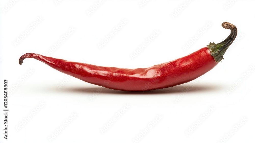 A vibrant red chili pepper rests against a clean white background, casting a subtle shadow that highlights its shape and color. A vibrant red chili pepper rests against a clean white background, casting a subtle shadow that highlights its shape and color.