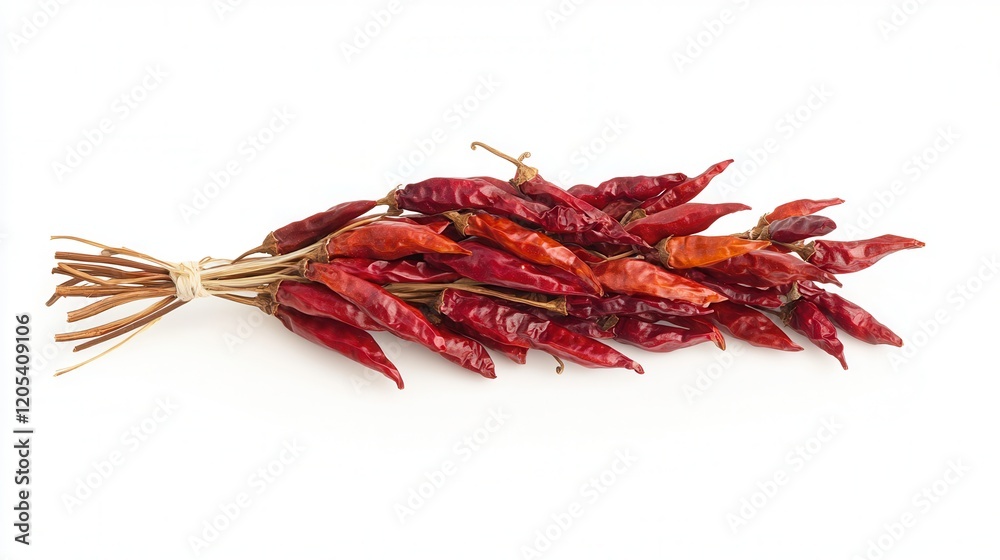 Dried red chili peppers displayed on a clean white background, showcasing their vibrant color and texture, perfect for culinary use or decoration. Dried red chili peppers displayed on a clean white background, showcasing their vibrant color and texture, perfect for culinary use or decoration.