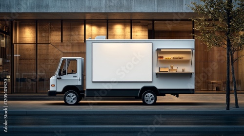 Outdoor food truck PNG mockup in a minimalistic urban setting, blank truck parked against a modern building, great for branding mockups.