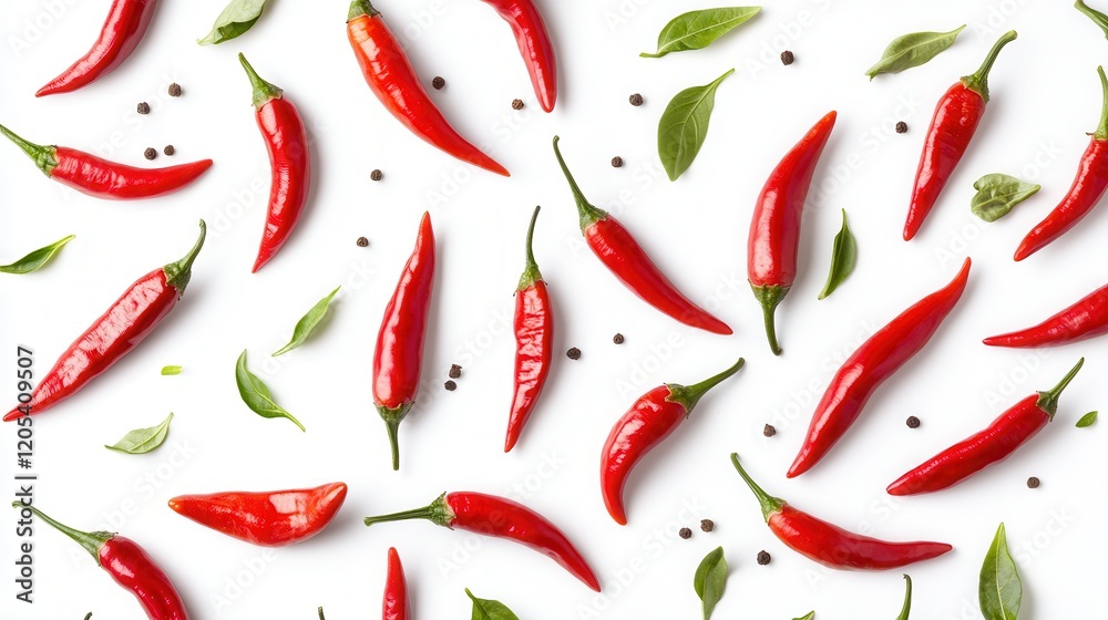 A detailed close-up of vibrant red chili peppers accompanied by lush green leaves, showcasing their texture and color brilliance. A detailed close-up of vibrant red chili peppers accompanied by lush green leaves, showcasing their texture and color brilliance.