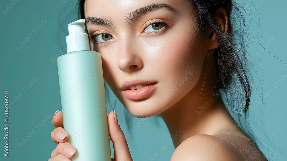 Portrait of a beautiful woman model holding a bottle of facial mock up with blank label next to her face
Portrait of a beautiful woman model holding a bottle of facial mock up with blank label next to her face