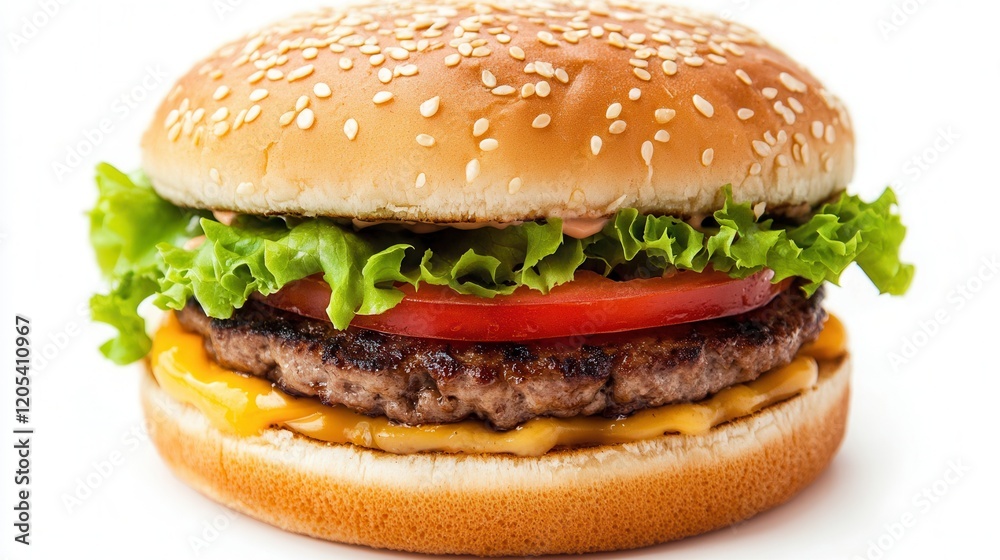 A close-up view of a delicious hamburger showcasing fresh lettuce, ripe tomato, and melted cheese, highlighting its appetizing layers and textures. A close-up view of a delicious hamburger showcasing fresh lettuce, ripe tomato, and melted cheese, highlighting its appetizing layers and textures.