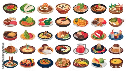 Big vector set: food icons (various delicious dishes). Traditional cuisine. Main course of different