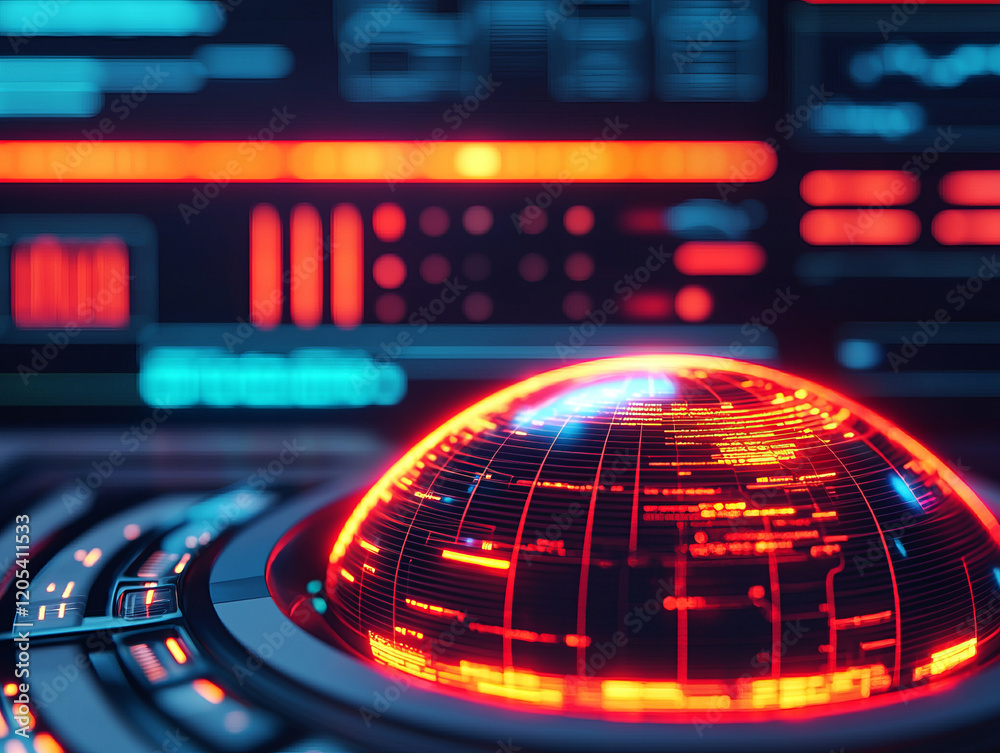 Obraz premium Futuristic hub with glowing holographic globe and digital interface