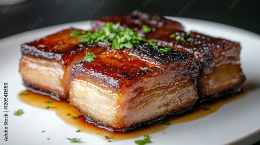 Juicy pork belly with soft lighting, emphasizing the crispy texture and succulent interior, styled on a minimalist white plate Juicy pork belly with soft lighting, emphasizing the crispy texture and succulent interior, styled on a minimalist white plate