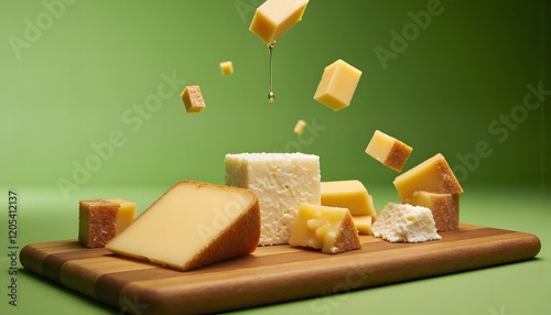 A gourmet cheese board featuring floating cheese cubes and honey drizzle, showcasing freshness and indulgence, ideal for food blogs, recipe sites, and culinary marketing campaigns photo