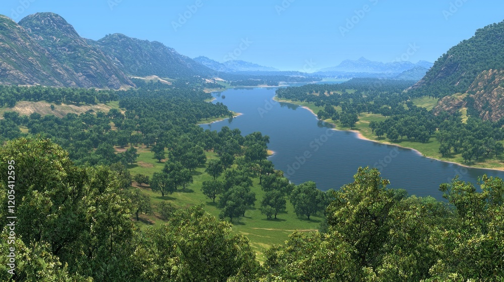 River valley landscape, scenic view, summer, tranquil, background mountains, travel poster River valley landscape, scenic view, summer, tranquil, background mountains, travel poster