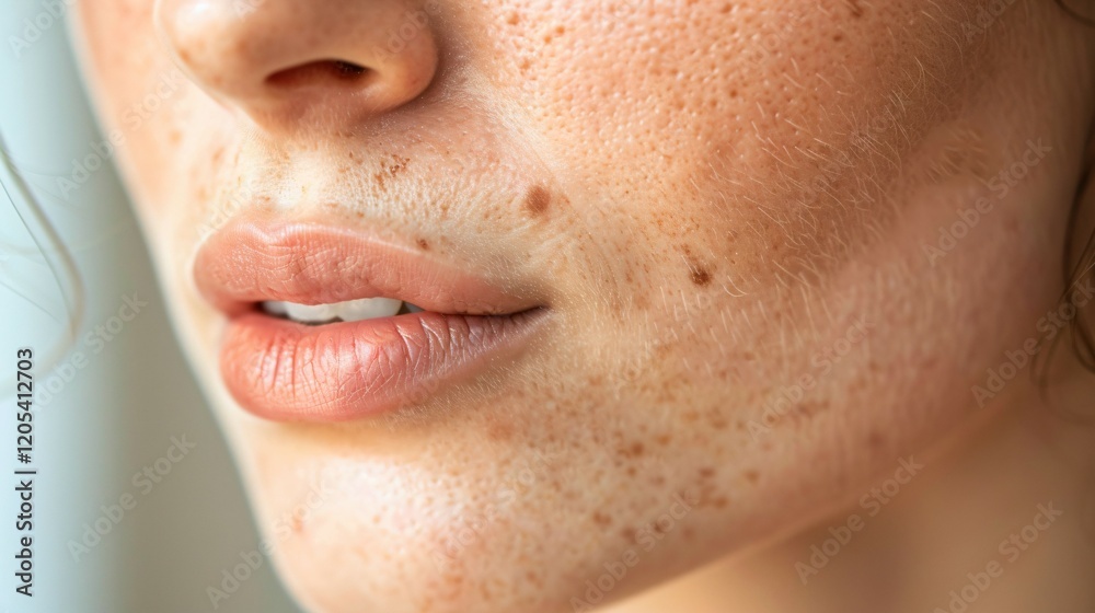 Fototapeta premium Close-up of a person's face with visible skin texture, showcasing natural imperfections and healthy glow, representing authenticity and self-confidence in beauty.