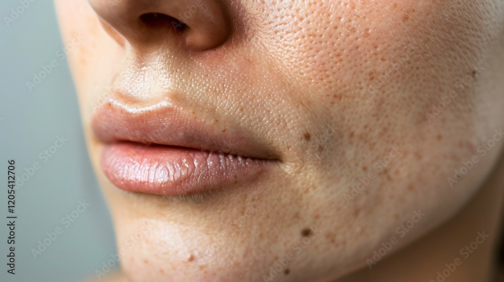 Fototapeta premium Close-up of a person's face with visible skin texture, showcasing natural imperfections and healthy glow, representing authenticity and self-confidence in beauty.