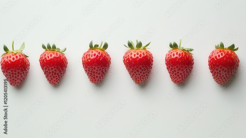Fresh strawberries neatly lined up on a clean white surface, showcasing their vibrant red color and natural shine.
