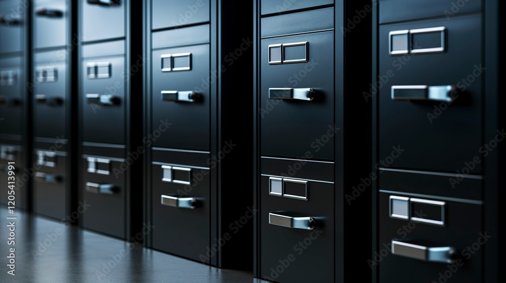 A photo of a row of sleek filing cabinets. A photo of a row of sleek filing cabinets.
