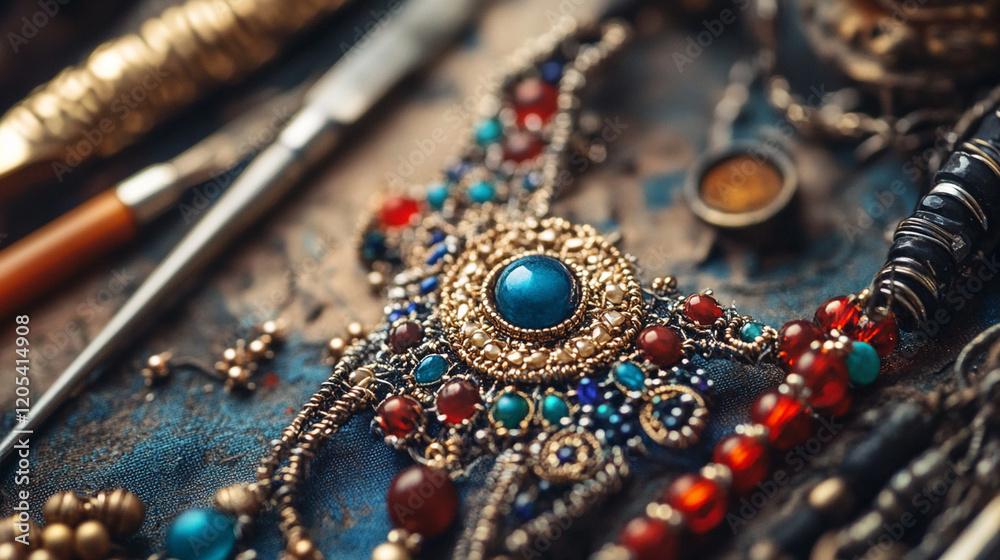 A close-up of jewelry-making tools and a partially completed necklace adorned with beads and gemstones. A close-up of jewelry-making tools and a partially completed necklace adorned with beads and gemstones.