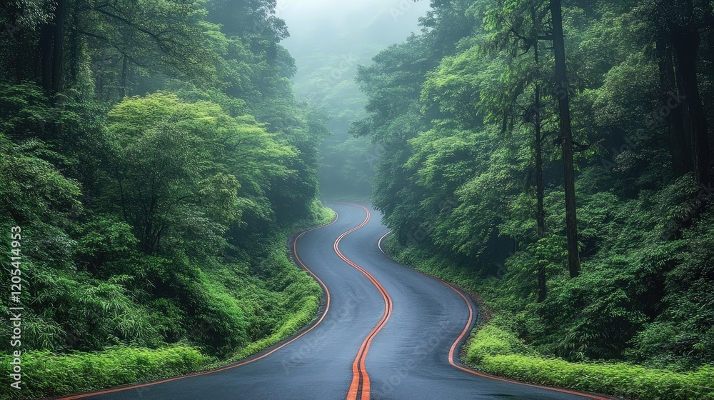 Serene winding road through lush green forest with misty background, perfect for nature-themed projects