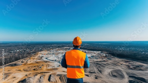 An engineer conducting a drone survey of a massive construction site, panoramic view, and clear blue sky