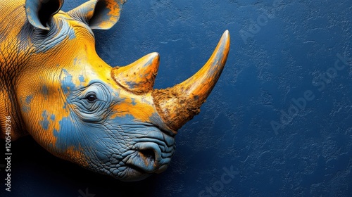 Colorful rhinoceros head sculpture against a textured blue wall, showcasing artistic design elements photo