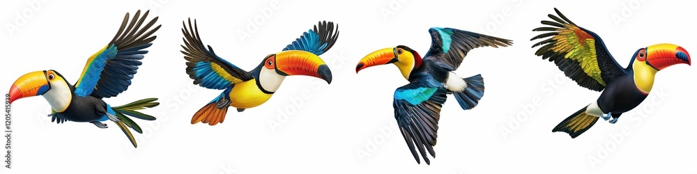 Obraz premium Colorful toucans in flight, showcasing vibrant plumage and dynamic movement against a white background.
