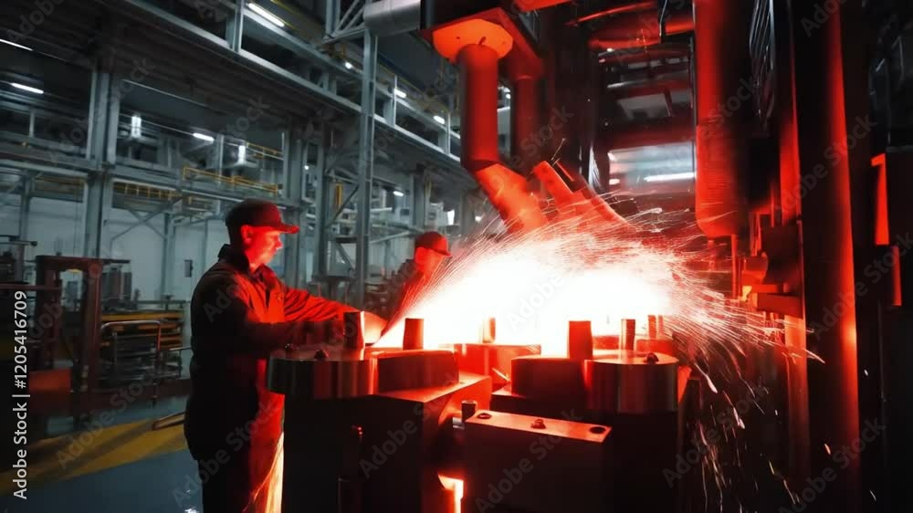 Pouring liquid hot metal to shape. Metal production process in a metallurgical factory. Modern metallurgical factory. Red hot metal in a modern factory. Sparks flying all around. Steelworks technology