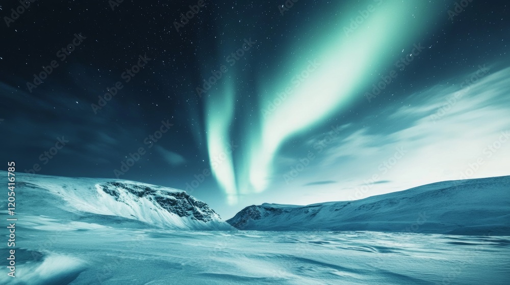 Fototapeta premium A stunning aurora borealis over a snowy landscape, Northern Lights scene, Majestic style