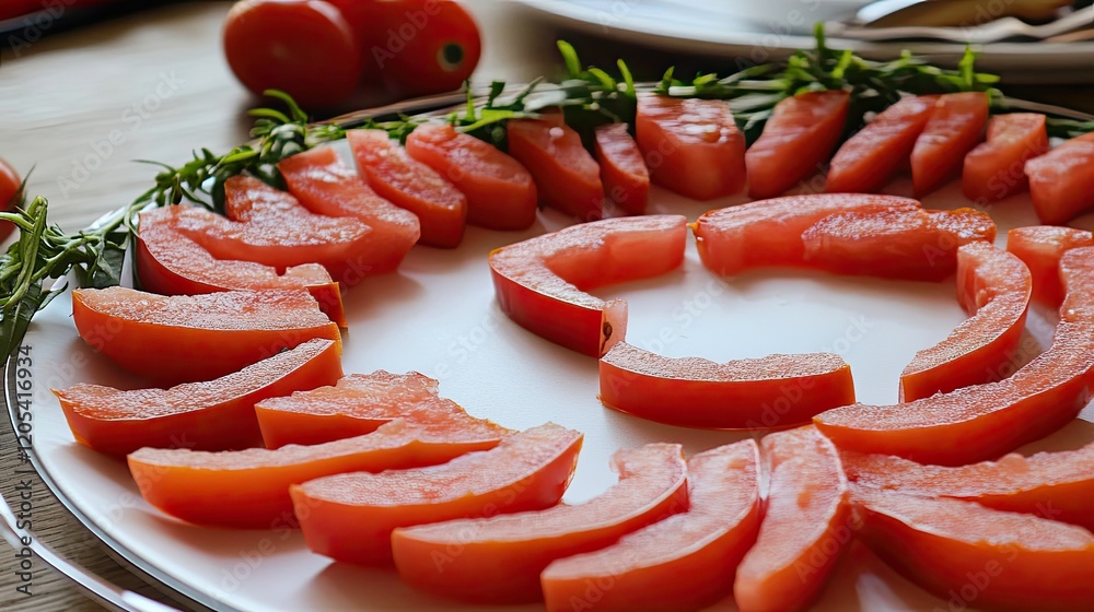 Vibrant Tomato Slices Artfully Arranged on a Plain Plate Creating a Visually Stunning Circle Vibrant Tomato Slices Artfully Arranged on a Plain Plate Creating a Visually Stunning Circle