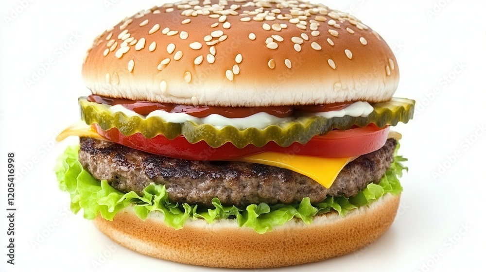 A detailed close-up of a hamburger, featuring layers of cheese, pickles, and fresh tomatoes, highlighting its delicious ingredients and textures. A detailed close-up of a hamburger, featuring layers of cheese, pickles, and fresh tomatoes, highlighting its delicious ingredients and textures.