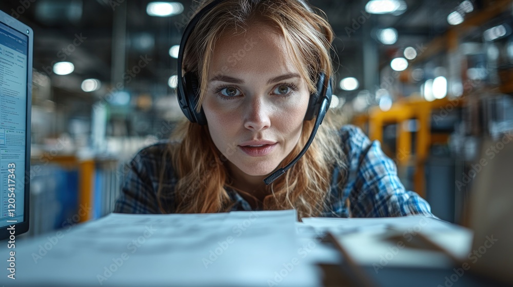 Fototapeta premium Focused woman headset factory documents.