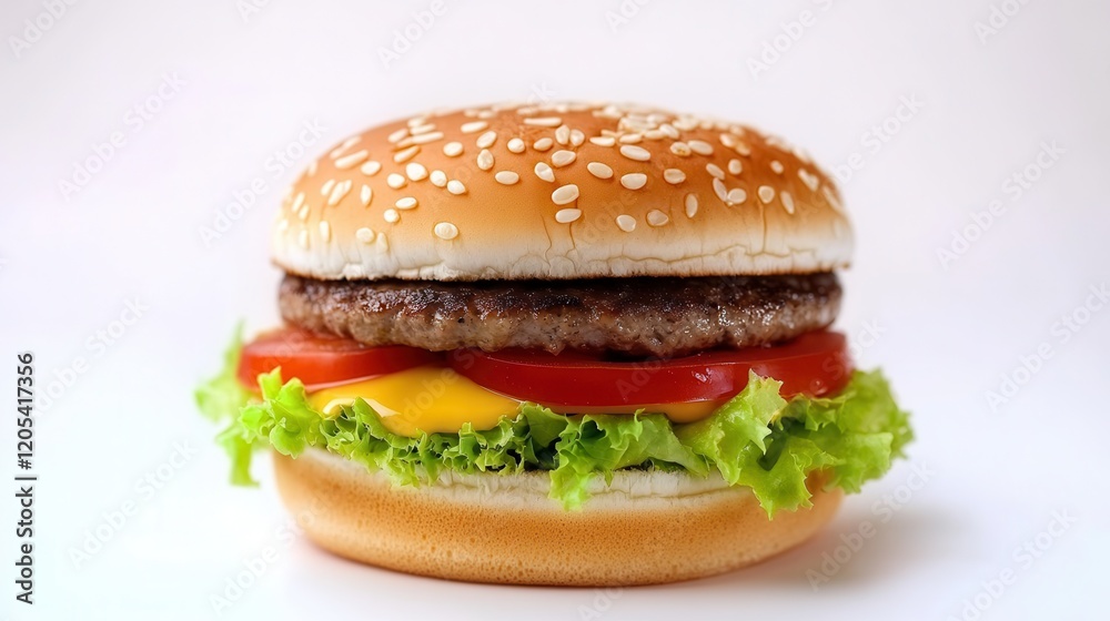A detailed close-up of a delicious hamburger featuring fresh lettuce, juicy tomato, and melted cheese, showcasing vibrant colors and textures. A detailed close-up of a delicious hamburger featuring fresh lettuce, juicy tomato, and melted cheese, showcasing vibrant colors and textures.