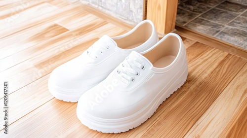 White Nurse Shoes Elegantly Placed on a Light Wooden Floor, Showcasing a Polished Design