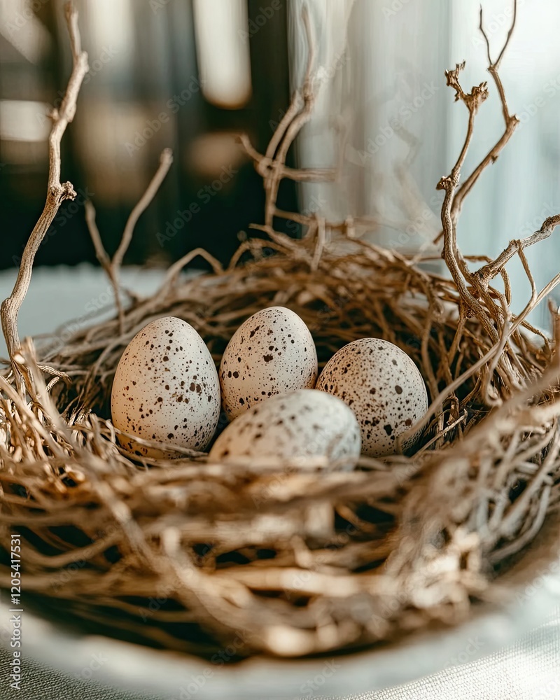 Obraz premium Nest of Speckled Eggs Resting on a Neutral Table Reveals Natures Delicate Artistry