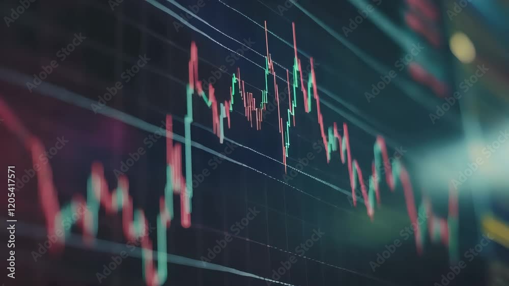 Red and green candlestick chart showing cryptocurrency investment volatility going up and down on a black monitor with a blurred background