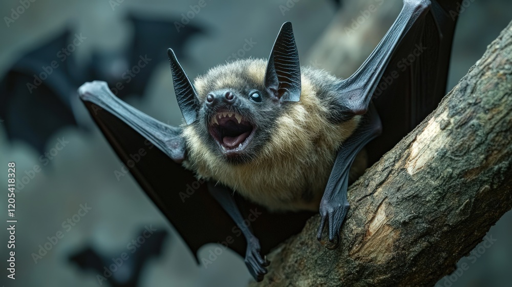 Obraz premium Fanged bat perched on branch, open mouth.